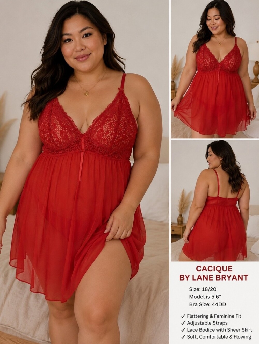 NWT Cacique Lane Bryant Red Lace Babydoll Chemise Nightgown Plus Size 18/20